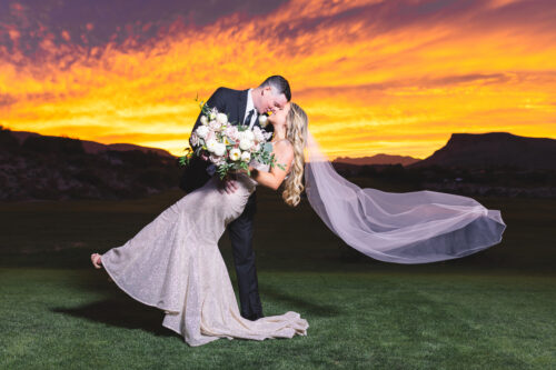 bride and groom sunset in las vegas