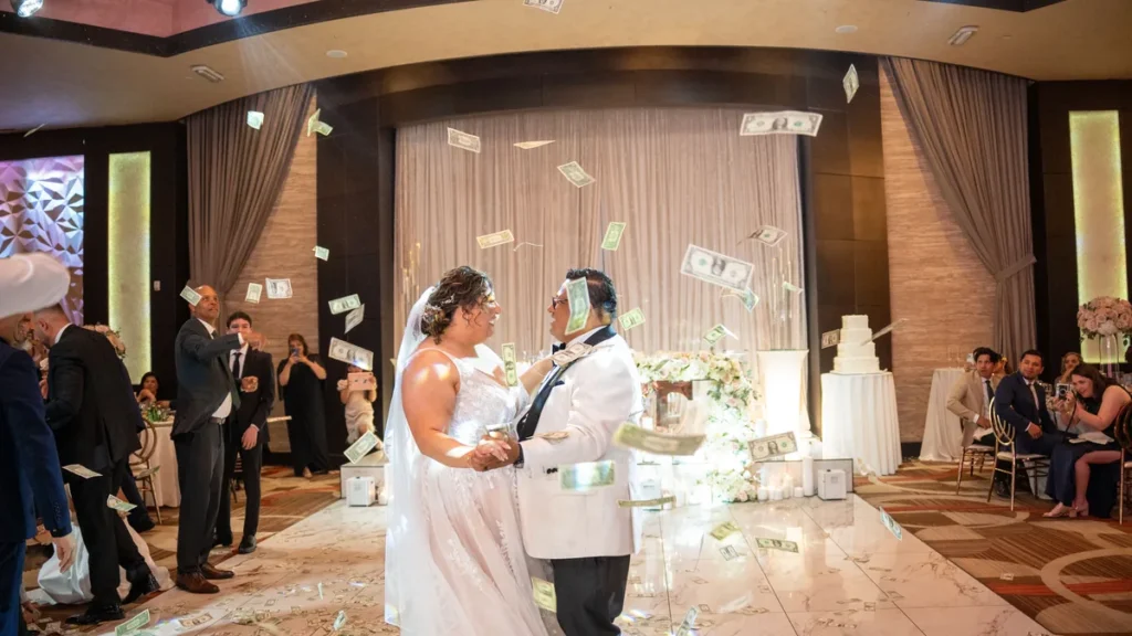 Armine and Carlos money dance celebration at Las Vegas wedding reception with guests